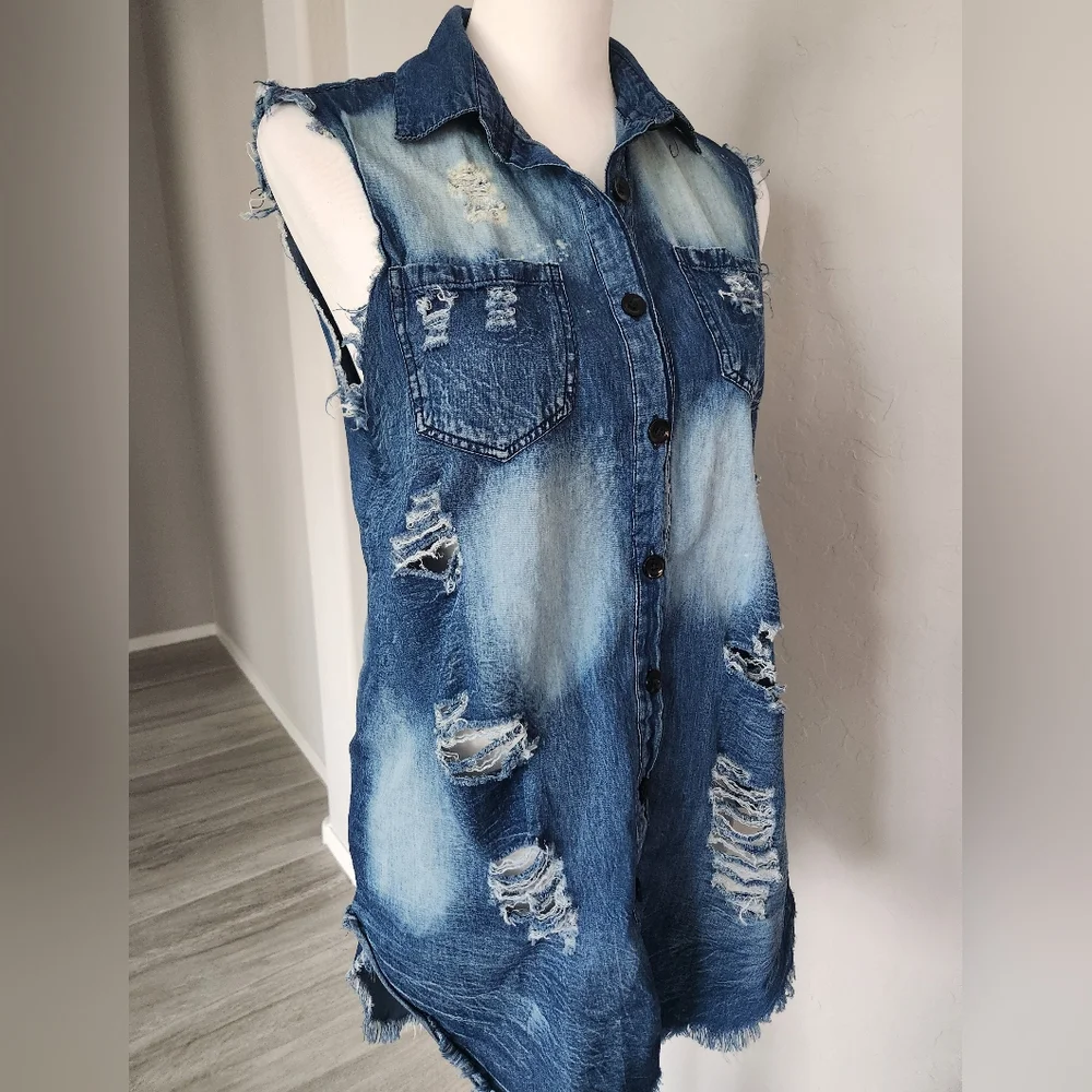 Thrill Jeans Sleeveless Denim Distressed Collared Top Shirt Blouse High Low Sz M - Picture 3 of 14